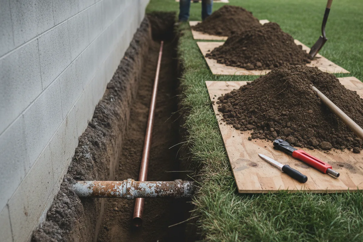 Excavated water line trench during Water Heater Repair in Roundup